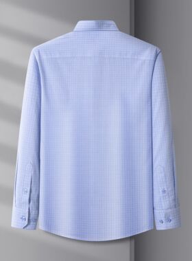 桑蚕丝免烫男士衬衫男款衬衣浅蓝色格子长袖商务休闲男成衣男式