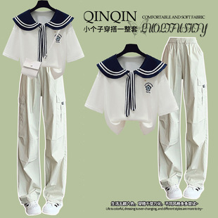 潮酷穿搭韩版 裤 宽松撞色短袖 高腰帅气工装 两件套潮 t恤 夏季