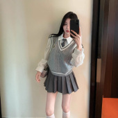 jk制服背心百褶裙三件套 秋冬季 小个子洋气学院风马甲衬衫 叠穿套装