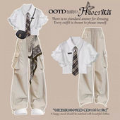 超火一整套新款 两件套套装 学院学生泡泡衬衫 裤 工装 2025夏季