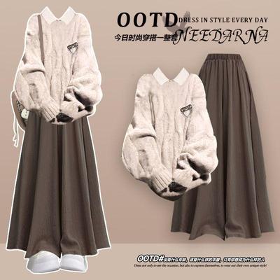 春秋季miu里miu气穿搭慵懒风韩系针织毛衣长袖衬衫阔腿裤裙三件套