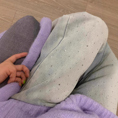 小众设计亮闪闪烫钻牛仔裤女复古浅蓝色阔腿裤满天星带钻直筒裤子