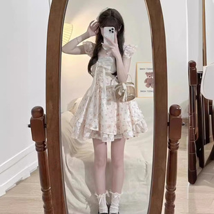 甜美纯欲风小飞袖 法式 蝴蝶结碎花连衣裙女小个子在逃公主蓬蓬裙