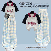 新款 休闲阔腿裤 校园风时髦穿搭套装 t恤 初中学生拼色短袖 夏季