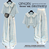 T恤蓝白格纹裤 小清新甜美套装 学院风娃娃领短袖 新款 两件套 女夏季