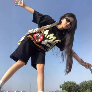 跨境时尚 女美式 新款 洋气宽松休闲运动短裤 大码 短袖 学生套装