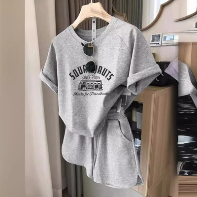 6535棉印花女式套装夏季学生通勤时尚新款上衣T恤+阔腿短裤