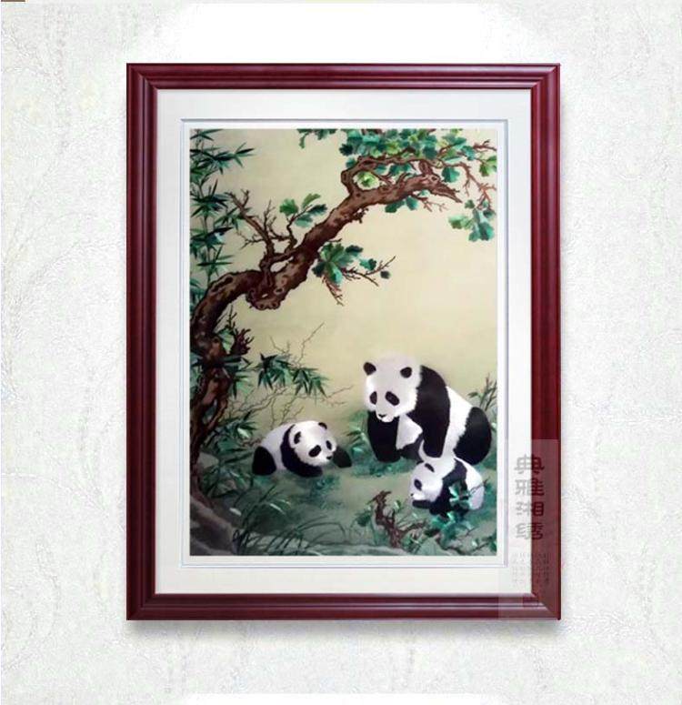 品牌沙坪湘绣单面绣l国宝熊猫纯手工刺绣室内挂画客厅玄关儿童挂
