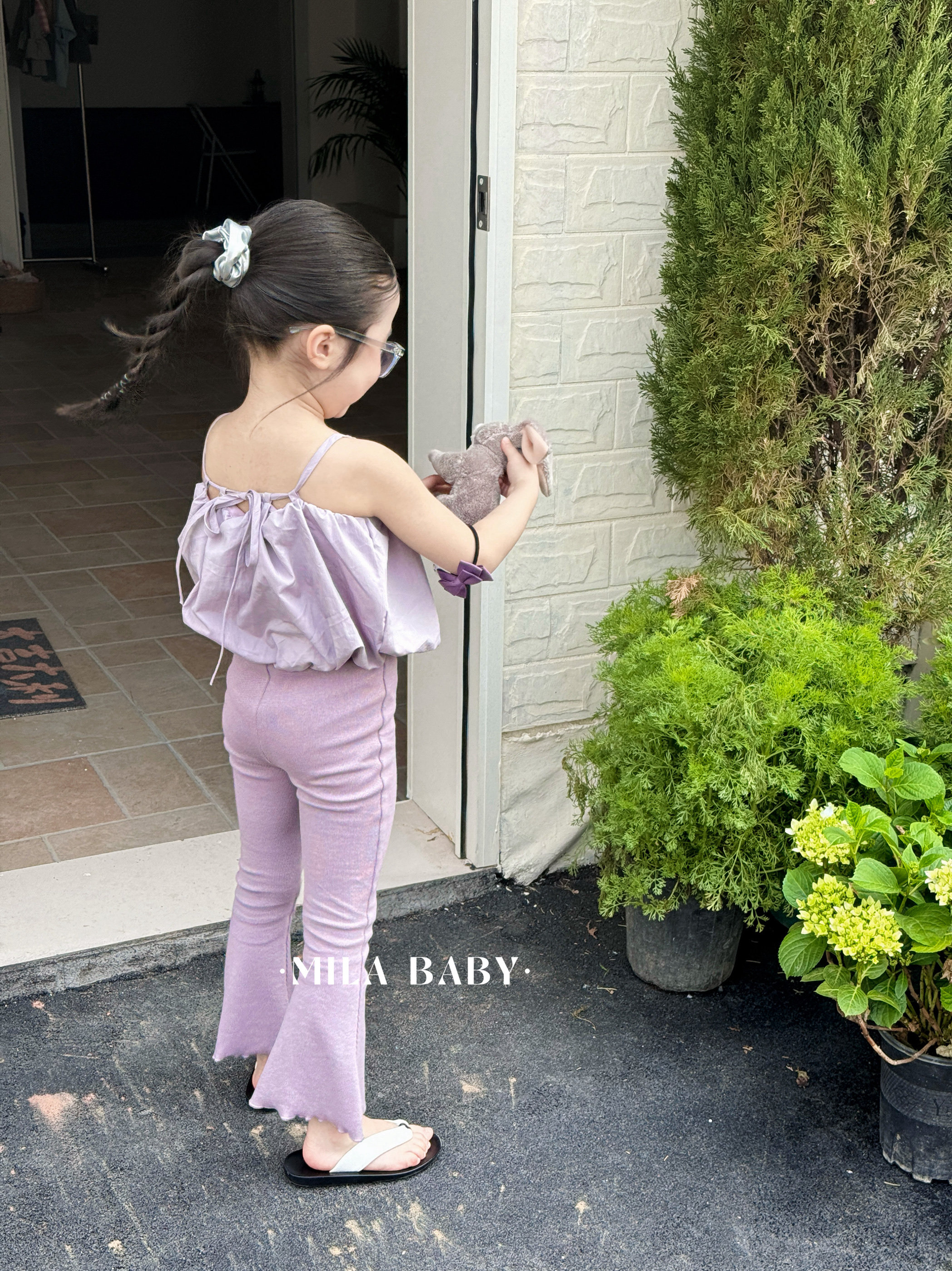 MILA BABY2025夏季新款女童韩版吊带背心儿童洋气坑条螺纹喇叭裤