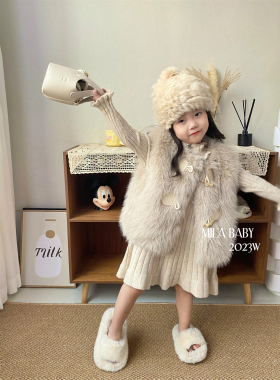 MILA BABY秋冬新款女童洋气针织裙儿童打底连衣裙仿皮草马甲