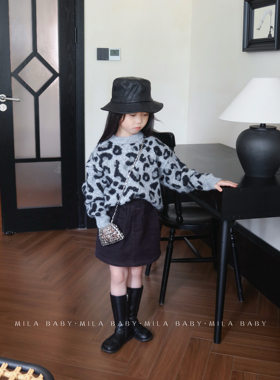 MILA BABY26秋季新款女童毛衣宽松慵懒风针织衫儿童豹纹套头衫