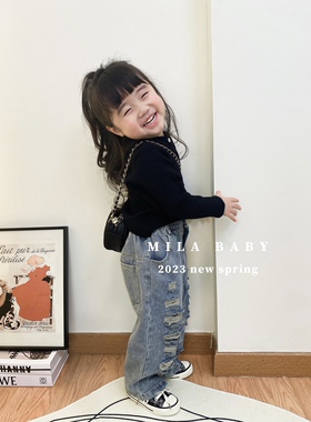 [3折清仓]春款女童韩版针织衫休闲开衫儿童潮裤破洞牛仔裤