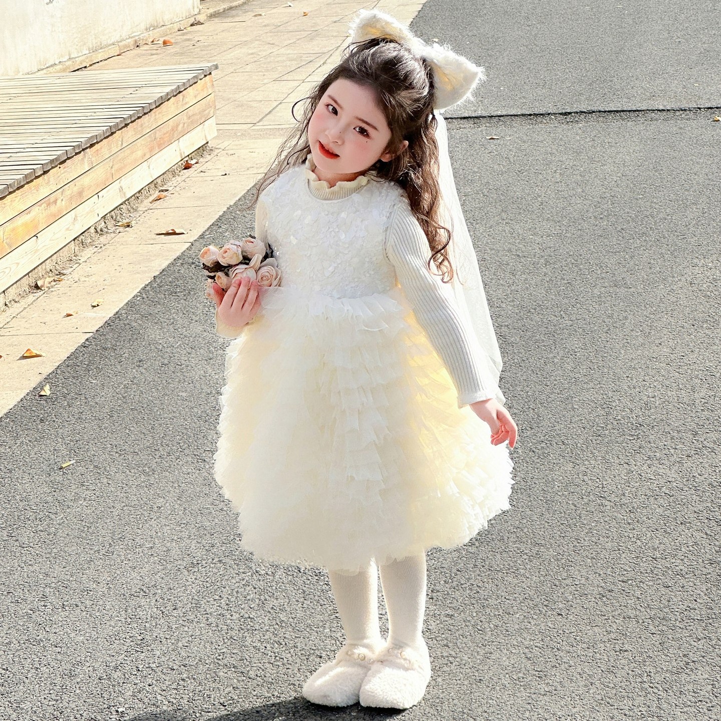 女童加绒网纱蛋糕礼服裙秋冬