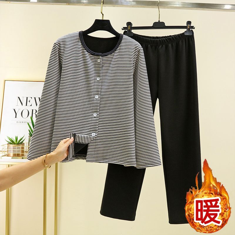 德绒保暖睡衣套装女冬宽松大码加绒家居服加厚外穿开衫长裤两件套