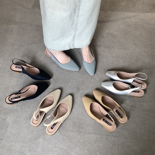外穿百搭粗跟后空单鞋 温柔尖头半拖鞋 新款 女银色凉鞋 2025年夏季