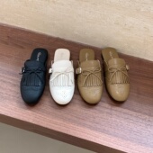 复古英伦风流苏包头半拖鞋 女外穿懒人一脚蹬休闲平底后面穆勒单鞋