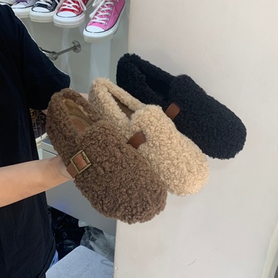 加绒保暖孕妇鞋秋冬外穿一脚蹬防滑乐福鞋软底羊毛羔毛毛鞋单鞋女
