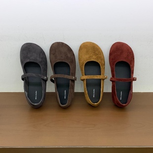 复古晚晚风绒面玛丽珍鞋子女秋冬新款红色芭蕾舞浅口软平底单鞋女