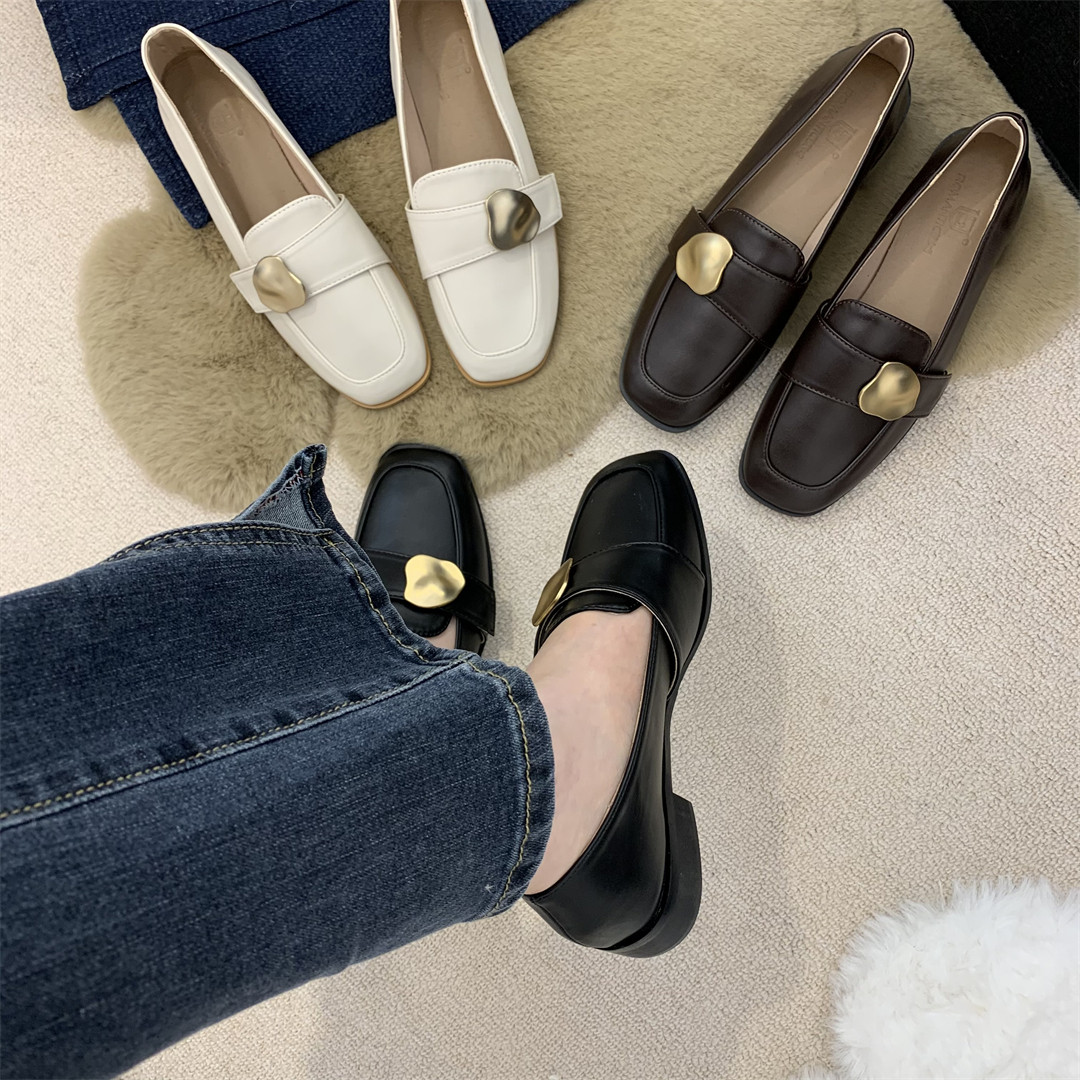 金属扣软皮一脚蹬乐福鞋女2023春夏新款百搭舒适方头显瘦平底单鞋