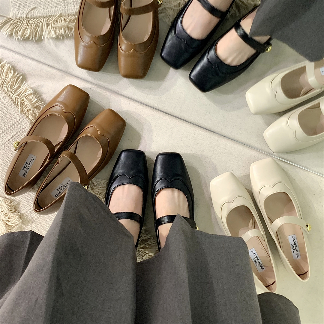 粗跟魔术贴方头单鞋女鞋浅口粗跟