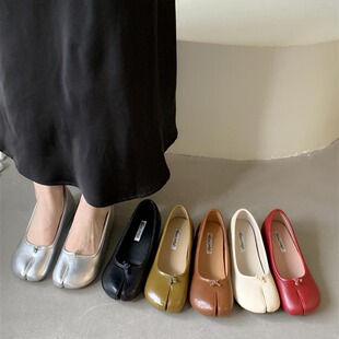 内增高分趾鞋单鞋女鞋法式软底韩版百搭复古红色奶奶鞋温柔豆豆鞋