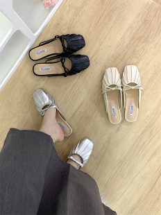 平底银色包头半拖鞋 褶皱配裙子半托鞋 女鞋 夏季 子外穿2025新款 法式