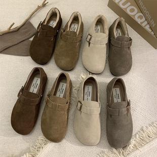 牛皮版！真皮勃肯鞋女全包秋冬复古单鞋一脚蹬平底加绒保暖乐福鞋