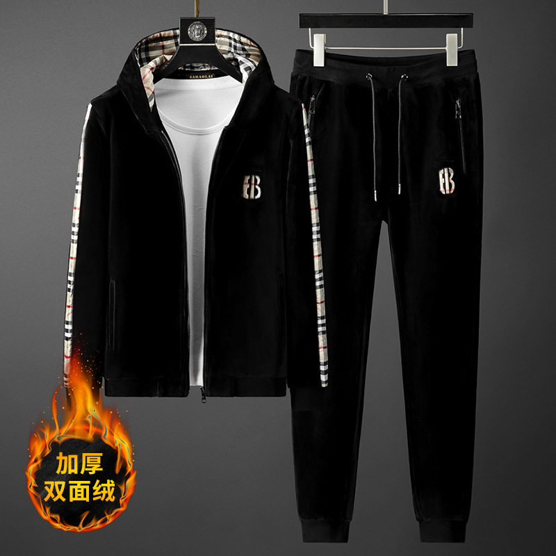 男士金丝绒套装潮流秋冬季加绒加厚双面绒卫衣休闲运动服两件套