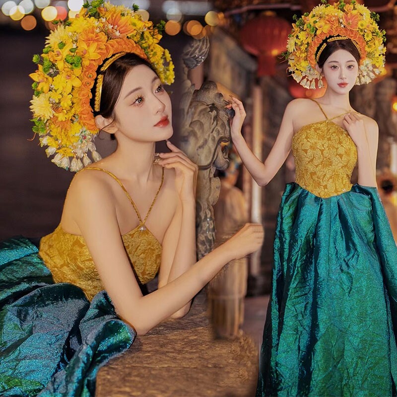 影楼新款簪花民族服风格纯欲风连体裙孕妈咪唯美写真艺术摄影服装
