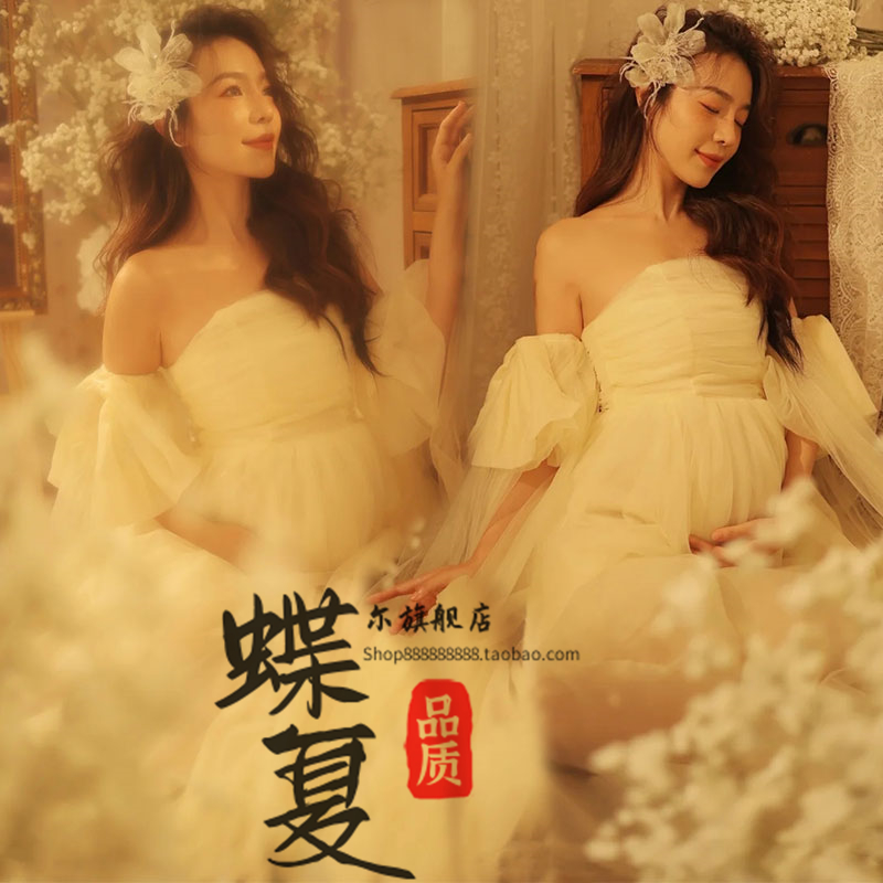 孕妇影楼写真拍照服装法式复古油画风香槟色抹胸长裙孕妈摄影服饰