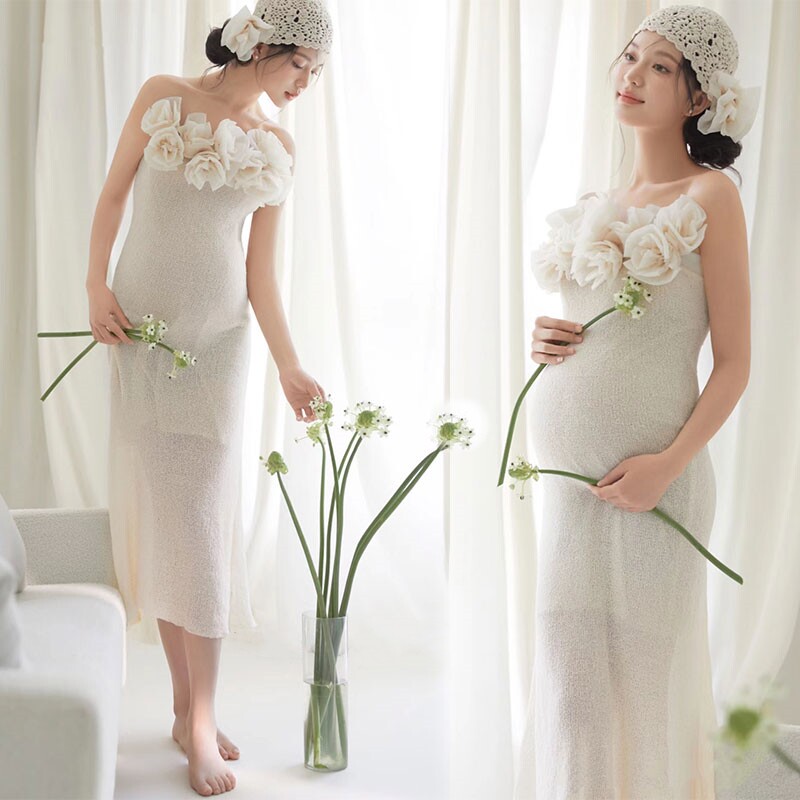 孕妇影楼主题服装新款法式甜美小清新白色连衣裙孕妈咪摄影在家拍