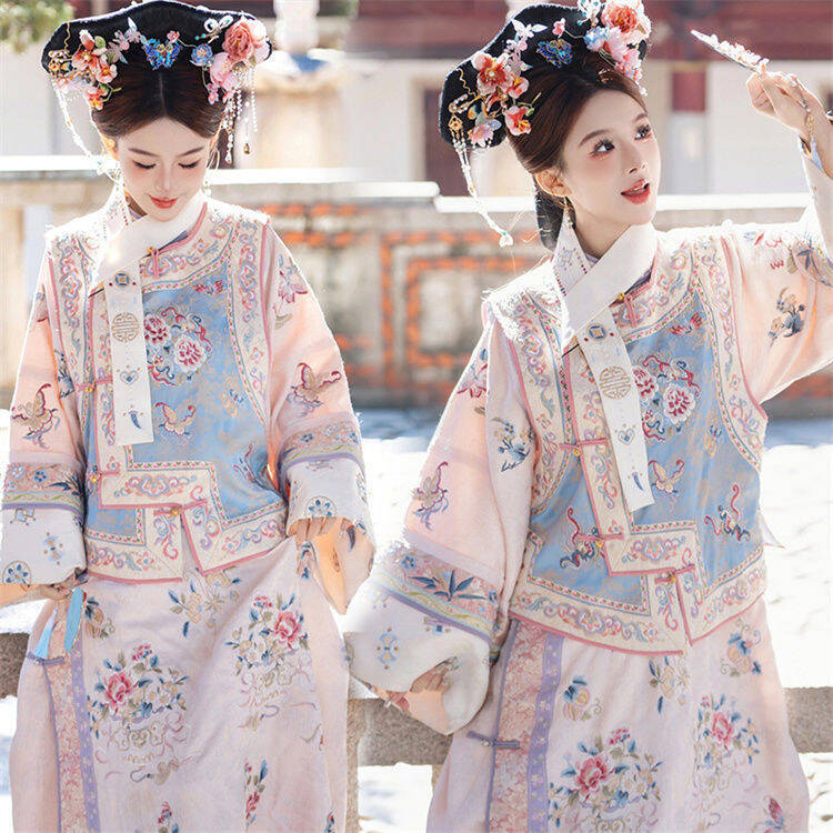 格格原创服装汉服清代印花旗装古装公主马甲清朝旗袍两件套旅拍服