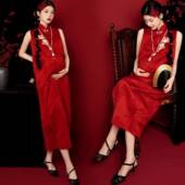 新中式 晨拍礼服女新娘订婚礼服孕妇红色敬酒服连衣裙国风无袖 旗袍