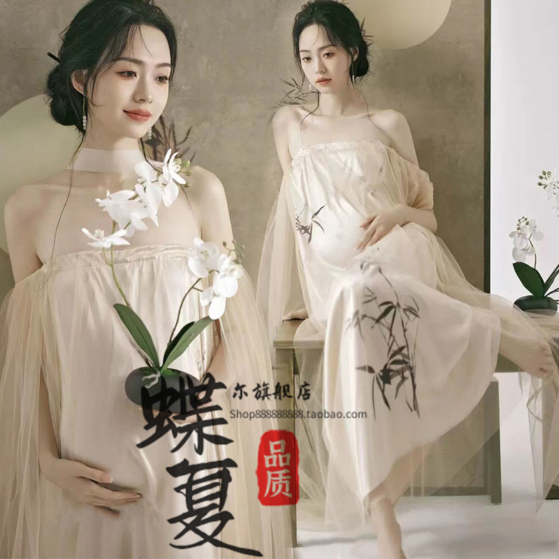 孕妇新中式晨袍复古一字肩网纱裙