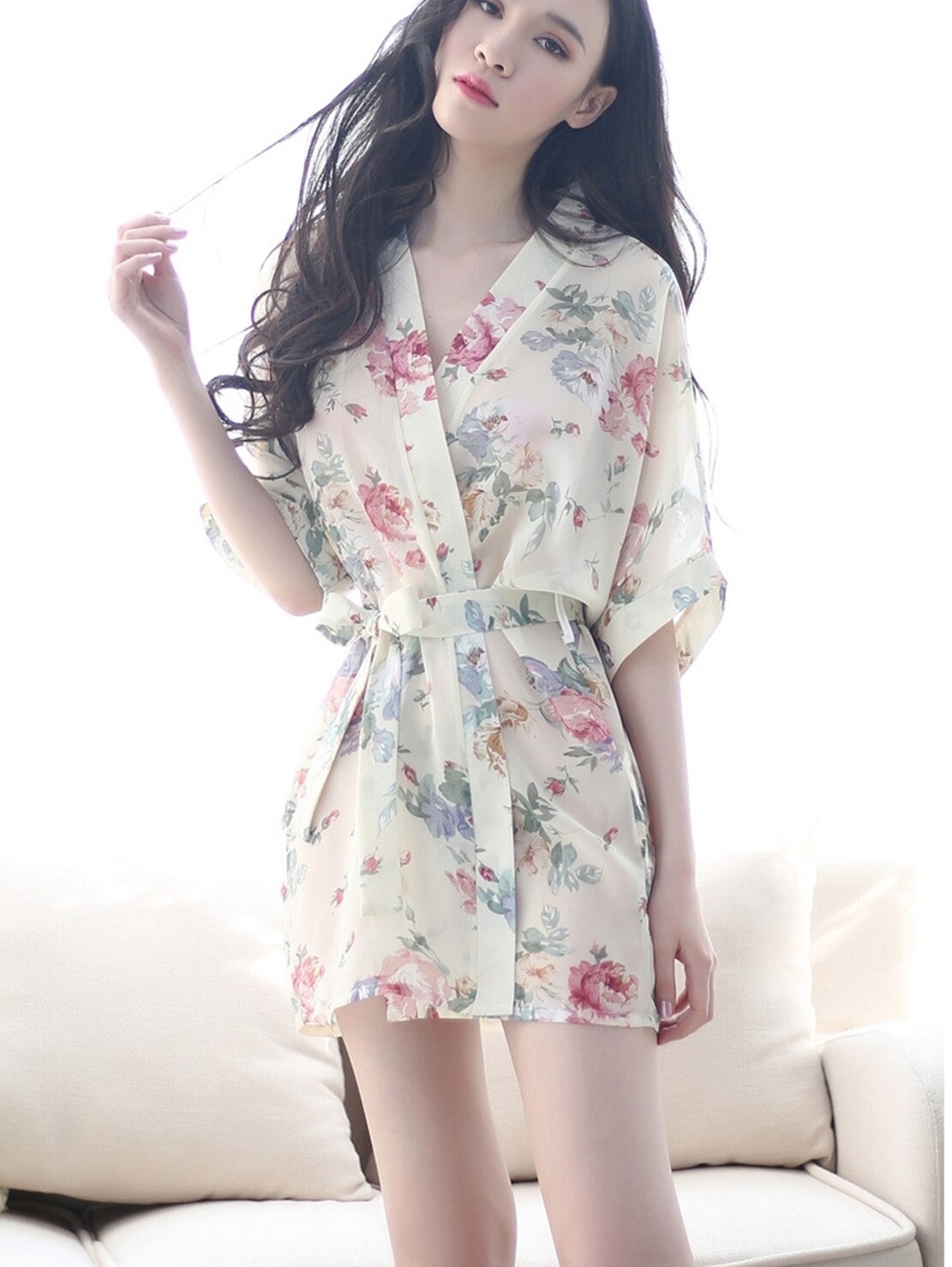 여성용 나이트가운 고급 쉬폰 드레스로도 착용 가능한 여름 아이스 실크 얇은 가디건 나이트가운 일본식 섹시 잠옷