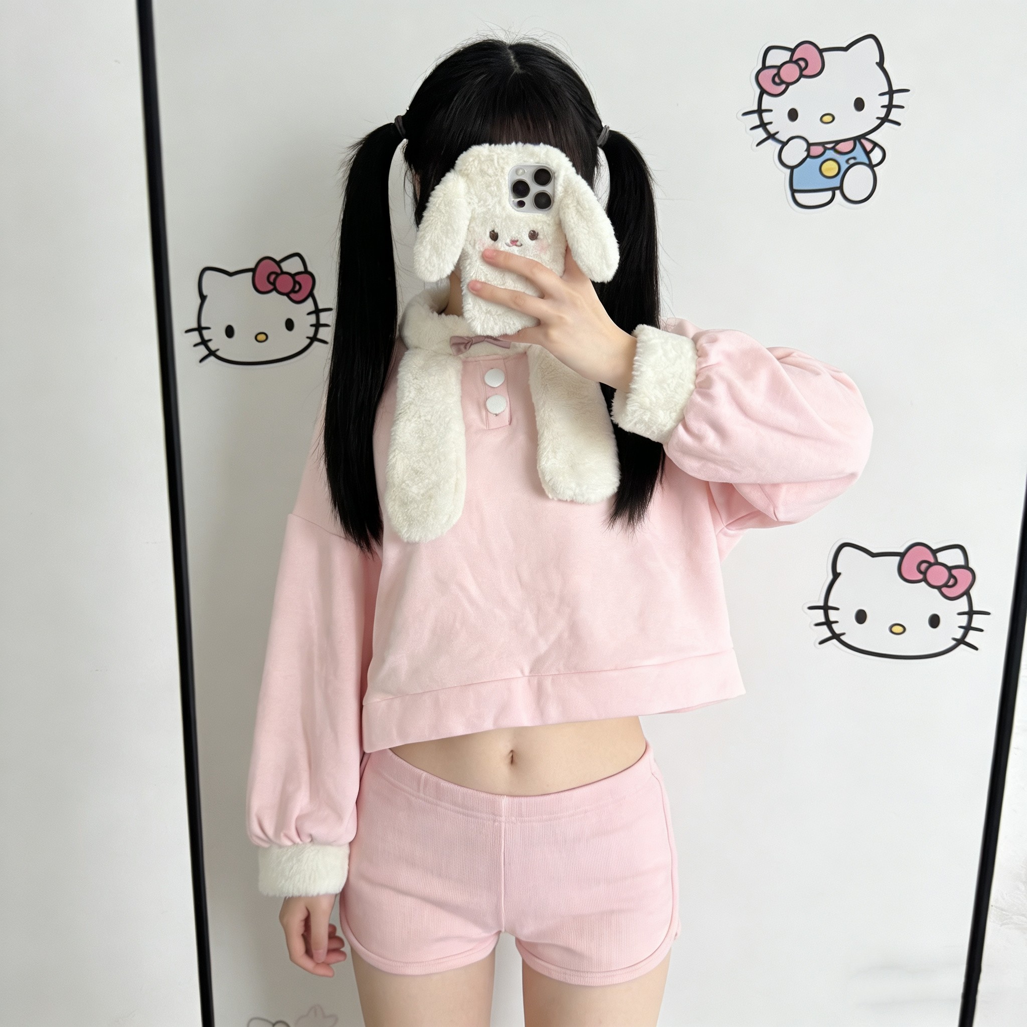 兔毛毛领加绒粉色卫衣秋冬季软妹