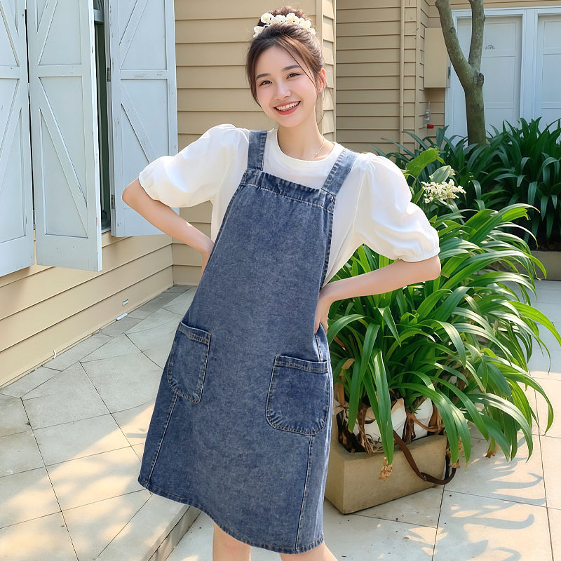 免系带牛在子复古时髦洋气围群做饭牛仔围裙韩系女士咖啡奶茶店男