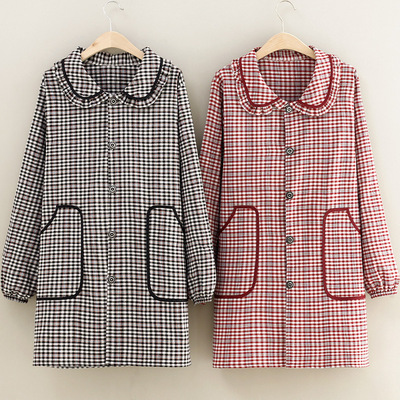 农村老太太奶奶纽扣子全包裹照衣围裙娃娃领格子做饭长袖罩衣围腰