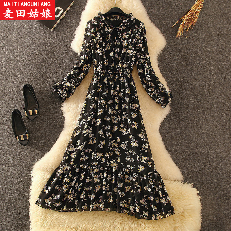 雪纺连衣裙2020秋冬新款女装中长款加绒碎花内搭不规则打底裙子潮