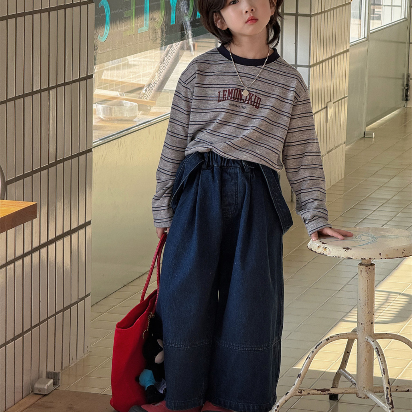 SAELAC儿童背带牛仔裤韩版宽松男女童2026新款时髦洋气深蓝阔腿裤