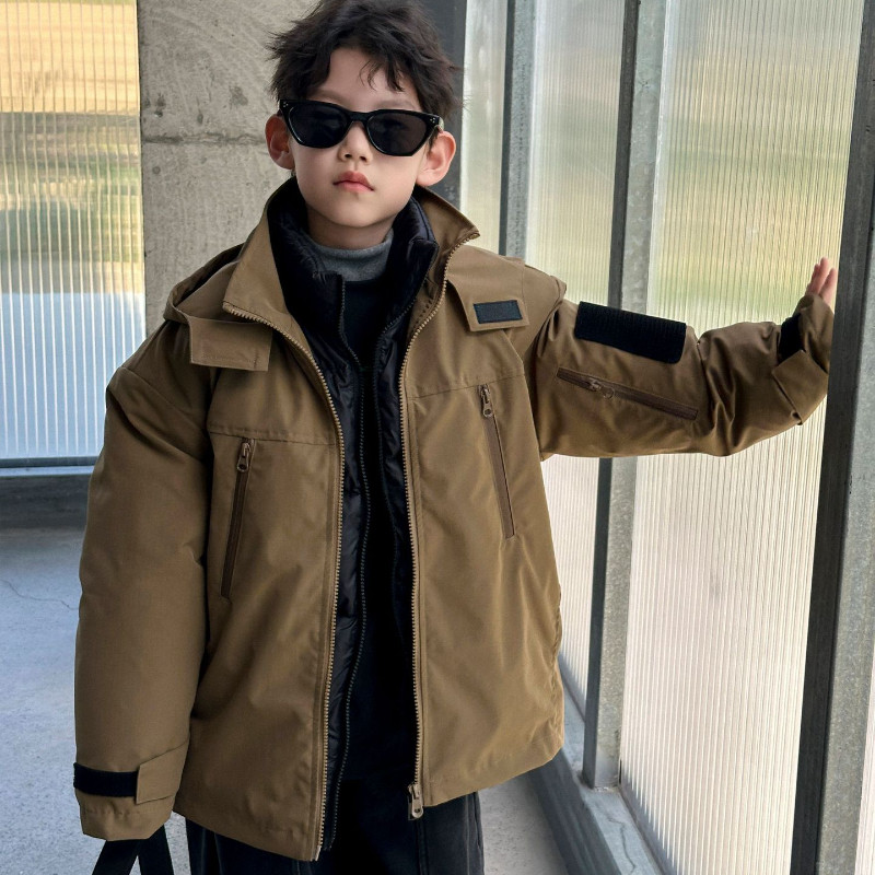 SAELAC男童冲锋衣三合一可拆卸羽绒内胆儿童连帽外套2025冬新款潮