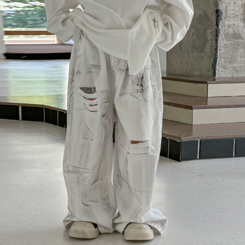 SAELAC白色男童破洞牛仔裤痞帅风阔腿休闲裤不规则做旧2025秋新款