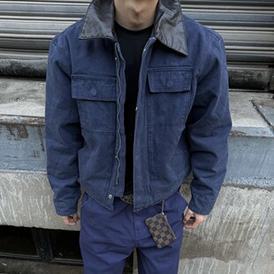 ZTKG美式复古底特律boxy短宽水洗做旧多口袋拼接皮领夹克棉外套男