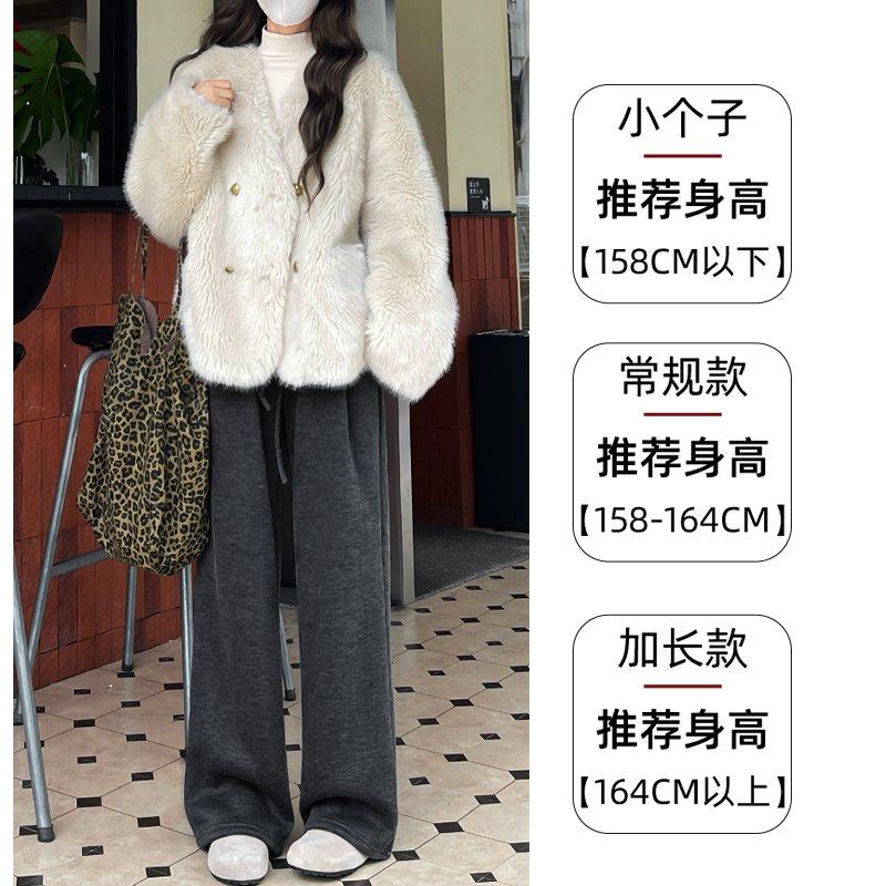 灰色羊羔绒糯米裤女秋冬加绒2025新款高腰休闲小个子直筒阔腿裤子