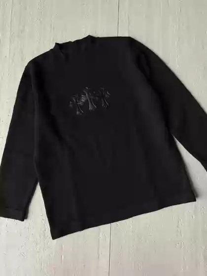Autumn and Winter Round-Neck Pullover with Embroidery and Leather Patchwork, Black Warm Thick Street-Style Wool Sweater, Unisex