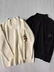 Autumn and Winter Genuine Leather and Horsehair Cross-Decorated Mid-Collar Wool Pullover, Warm and Loose-Fitting Sweater, Unisex
