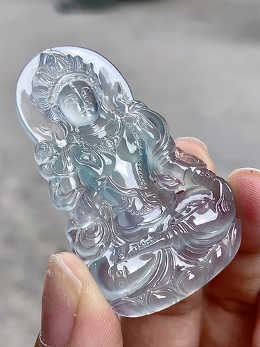 缅甸翡翠冰种飘花度母吊坠