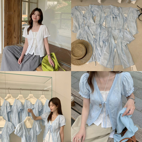 年夏上新韩系doll韩系夏季温柔镂空刺绣花朵假两件小衫(只卖上衣)