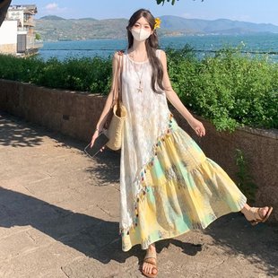 波西米亚不规则吊带连衣裙女夏民族风多巴胺明媚海边度假长裙套装