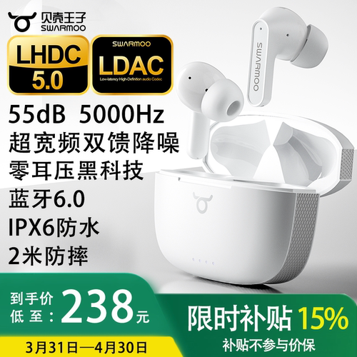 贝壳王子MO3PRO2代双馈降噪蓝牙6.0无线耳机LHDC5.0 LDAC金标55dB
